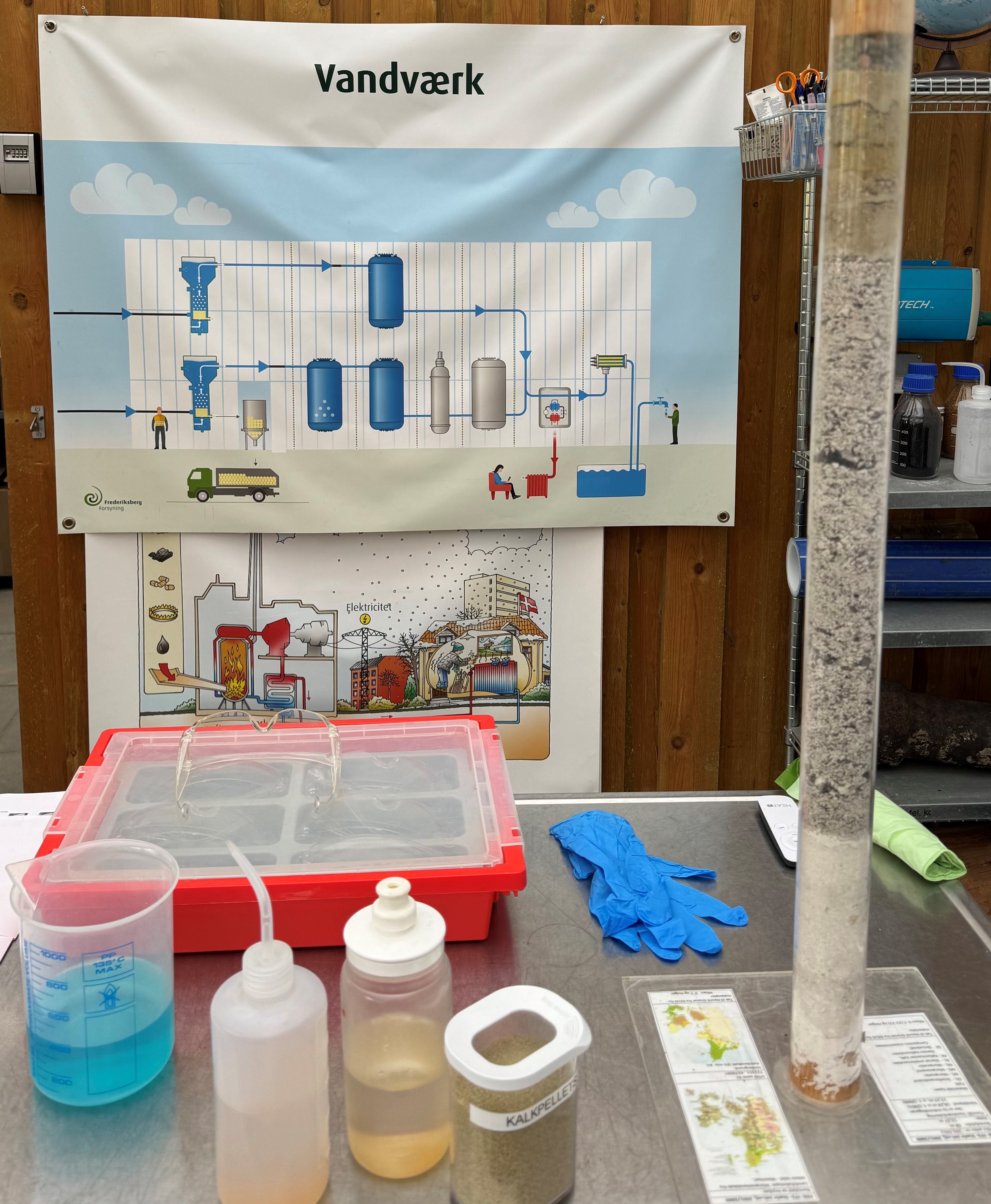 2025 02 10 Bord Med Kemikalier, Vandprøver Og Kalkpiller Foran En Plakat, Der Illustrerer Vandværkets Rensningsproces Katrine Ringgaard Jørgensen
