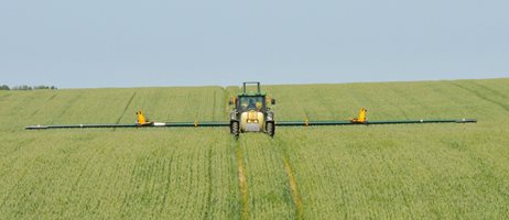 2025 11 05 Traktor Med Bred Bomsprøjte Kører Midt I En Grøn Kornmark COLOURBOX1192980